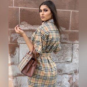 Plaid Dress with Brown Leather Bag